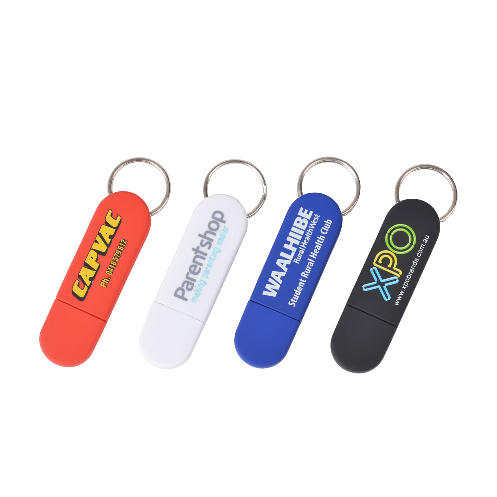A set of four USB flash drives in red, white, and black, each with a keyring attachment and unique branding. Erato Flash Drive - Image 1
