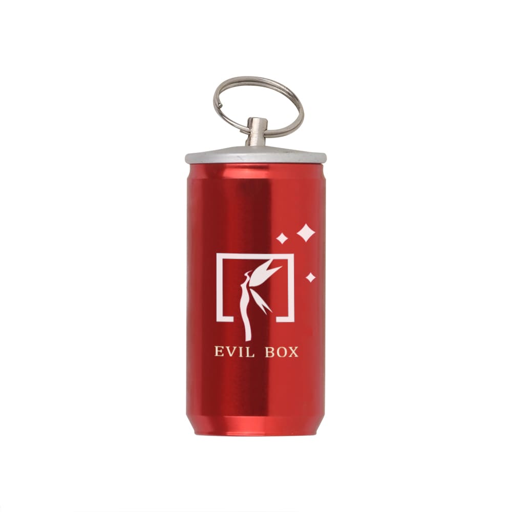 A red can-shaped flash drive with a silver cap and a keyring attachment, featuring a logo on the front. Can Shaped Flash drive - Image 1