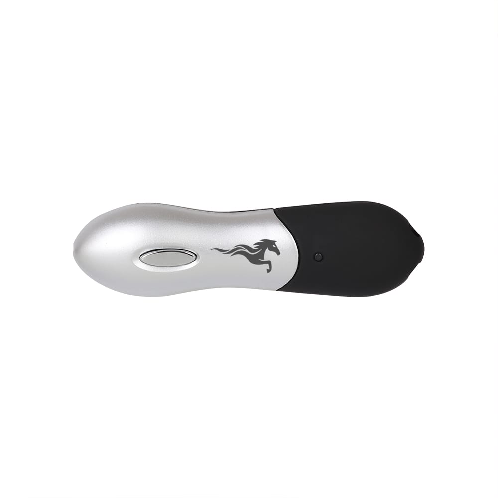 A silver and black laser pointer flash drive featuring a logo, compact in design. Laser Pointer Flash Drive - Image 1