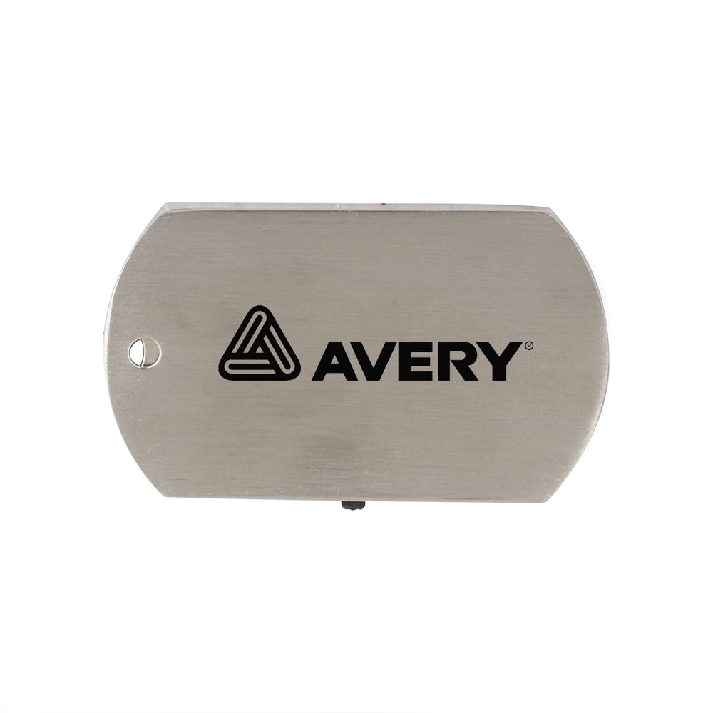 A metallic dog tag flash drive featuring a logo, with a smooth, sleek surface and rounded edges. Dog Tag Flash Drive - Image 1