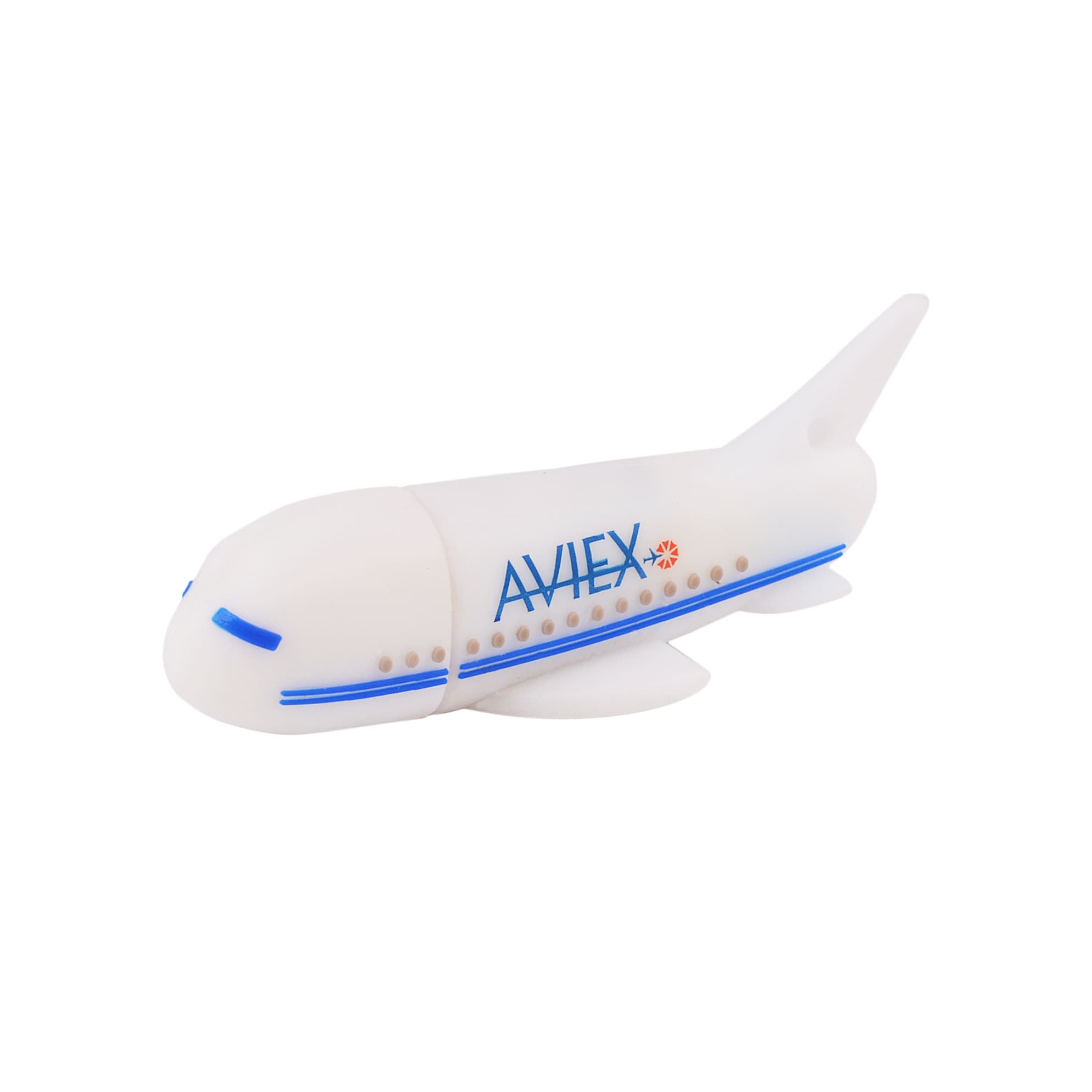 An aeroplane-shaped flash drive in white with blue accents and a branding logo. Aeroplane Flash Drive - Image 1