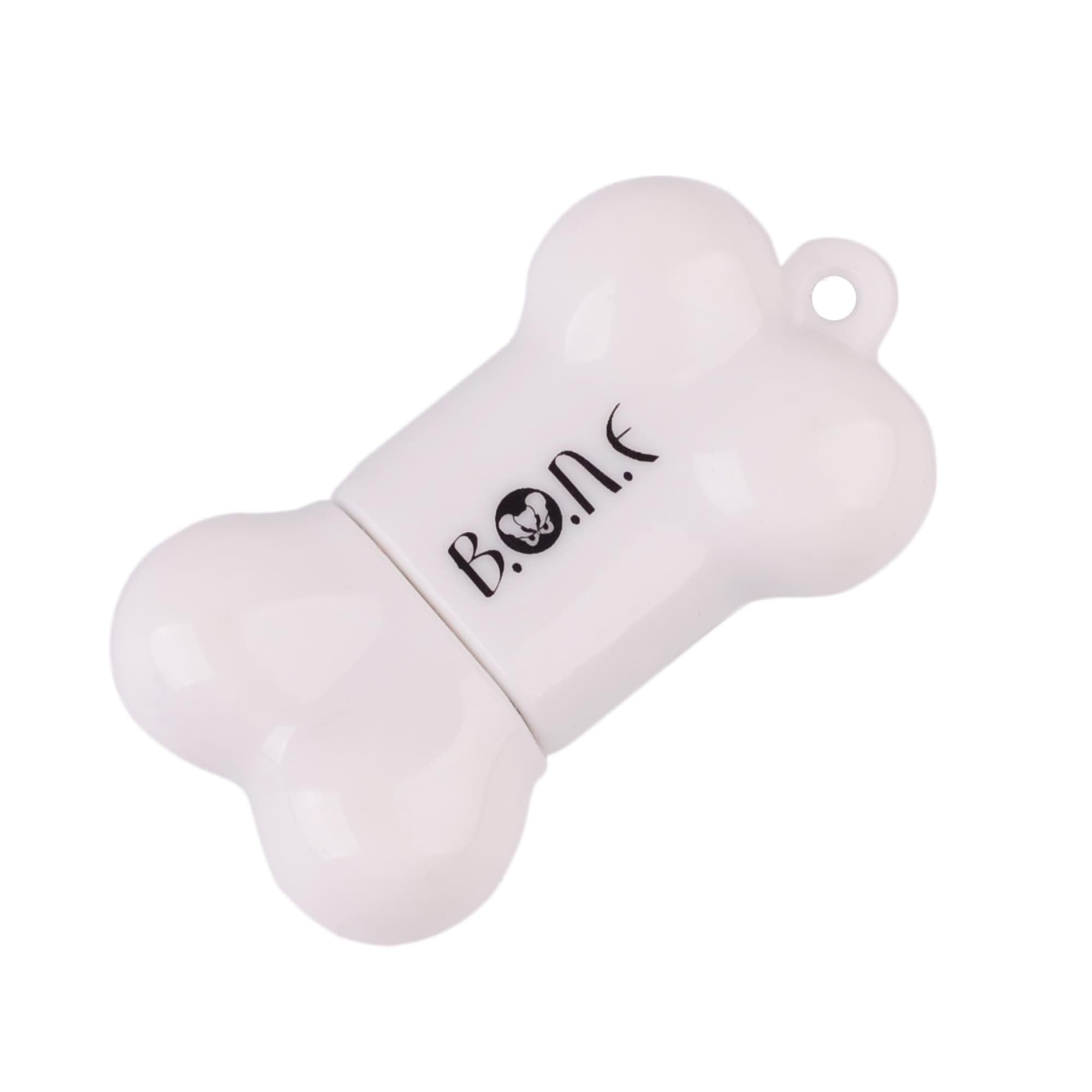A white bone-shaped flash drive with a logo, featuring a hinged design for storage. Bone Shaped Flash Drive - Image 1
