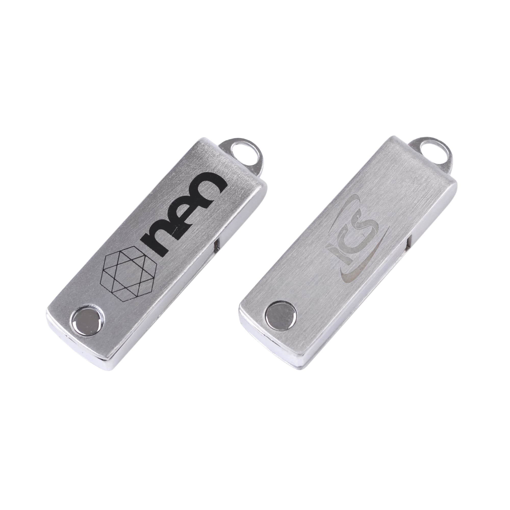 Two metallic flash drives with a smooth finish, featuring different logos on each side. Piso Flash Drive - Image 1