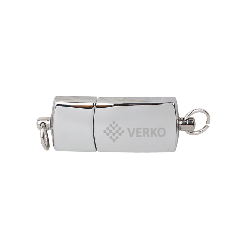 A shiny silver flash drive with a sleek design and a keyring attachment, featuring a logo. Pales Flash Drive - Image 1