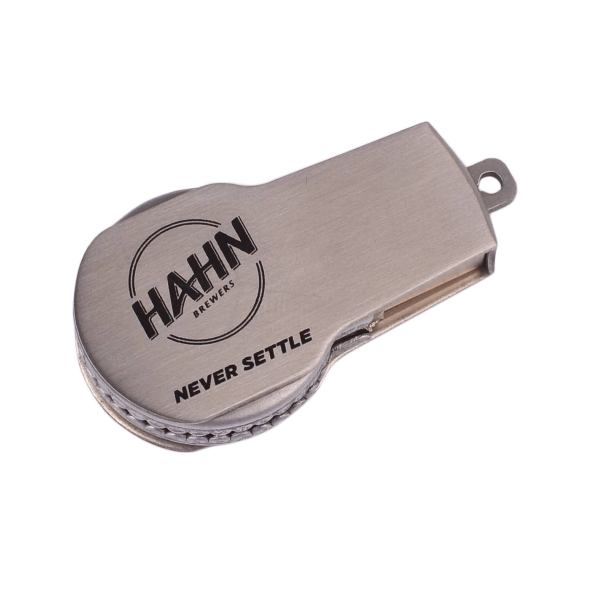 A silver flash drive with a circular design, featuring a logo and a leather-like texture along the edge. Palus Flash Drive - Image 1