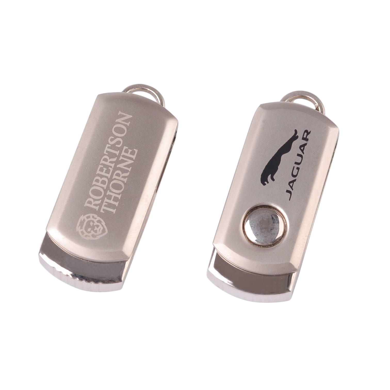 A silver flash drive featuring dual sides, one with a logo and the other plain. Pamal Flash Drive - Image 1