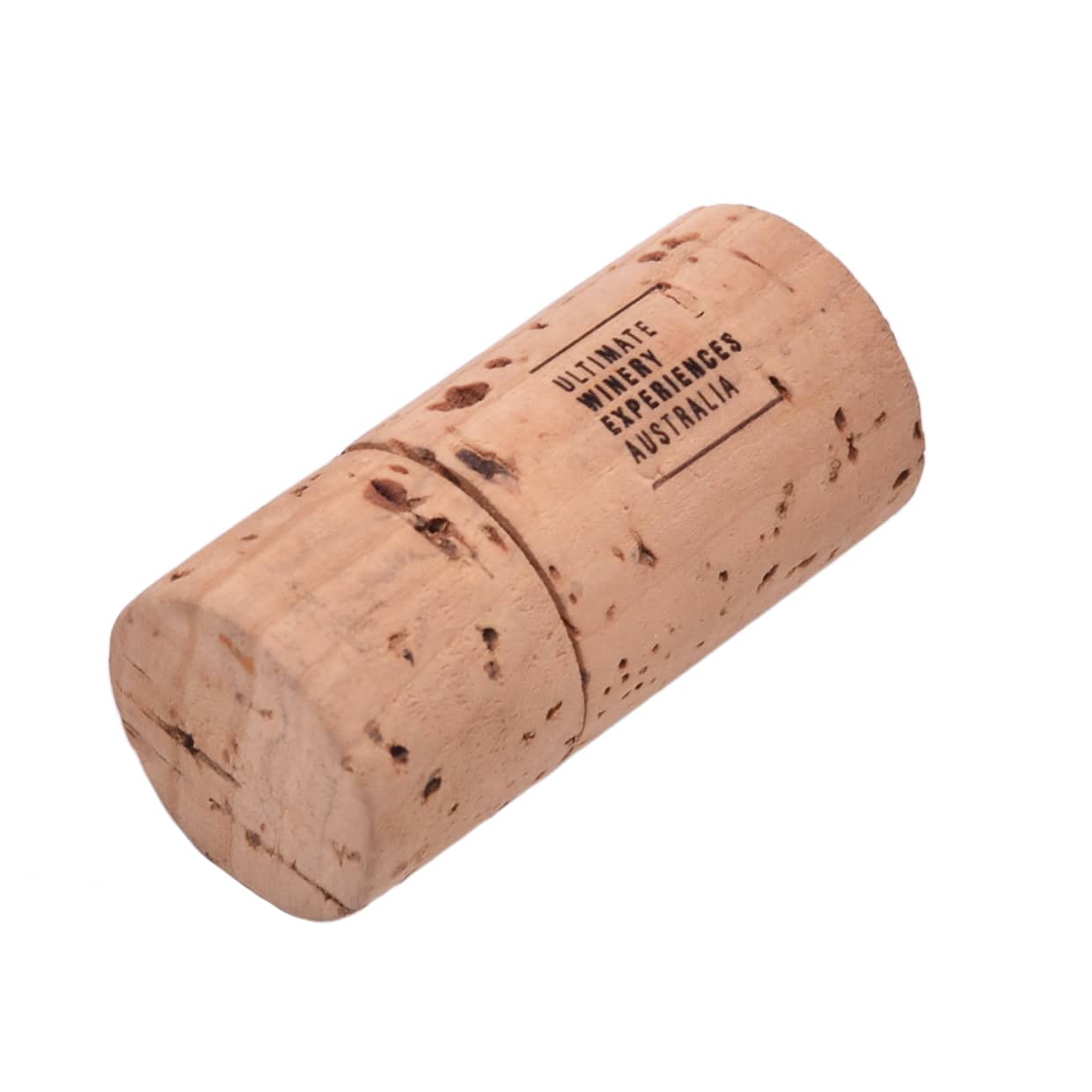 A cork-shaped flash drive in natural light brown, featuring a logo on its surface. Wine Cork Flash Drive - Image 1