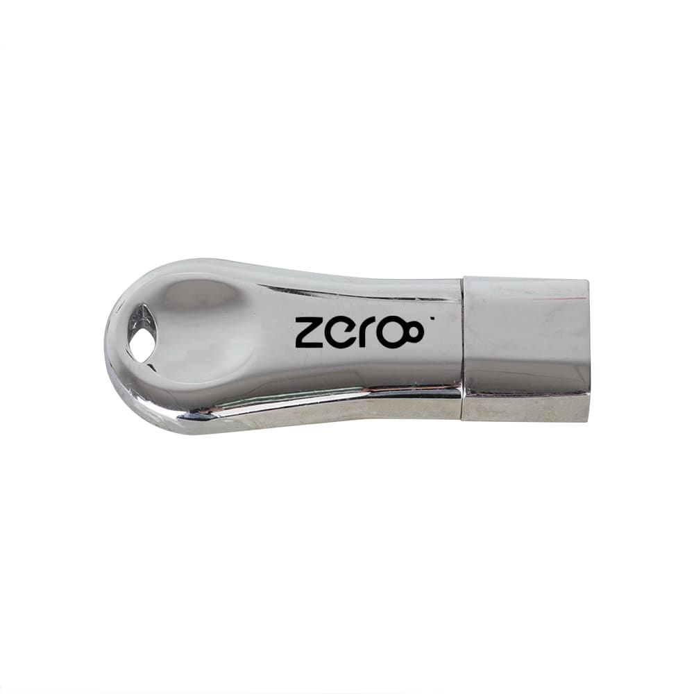 A silver flash drive with a rounded design and a logo on one side. Saville Flash Drive - Image 1