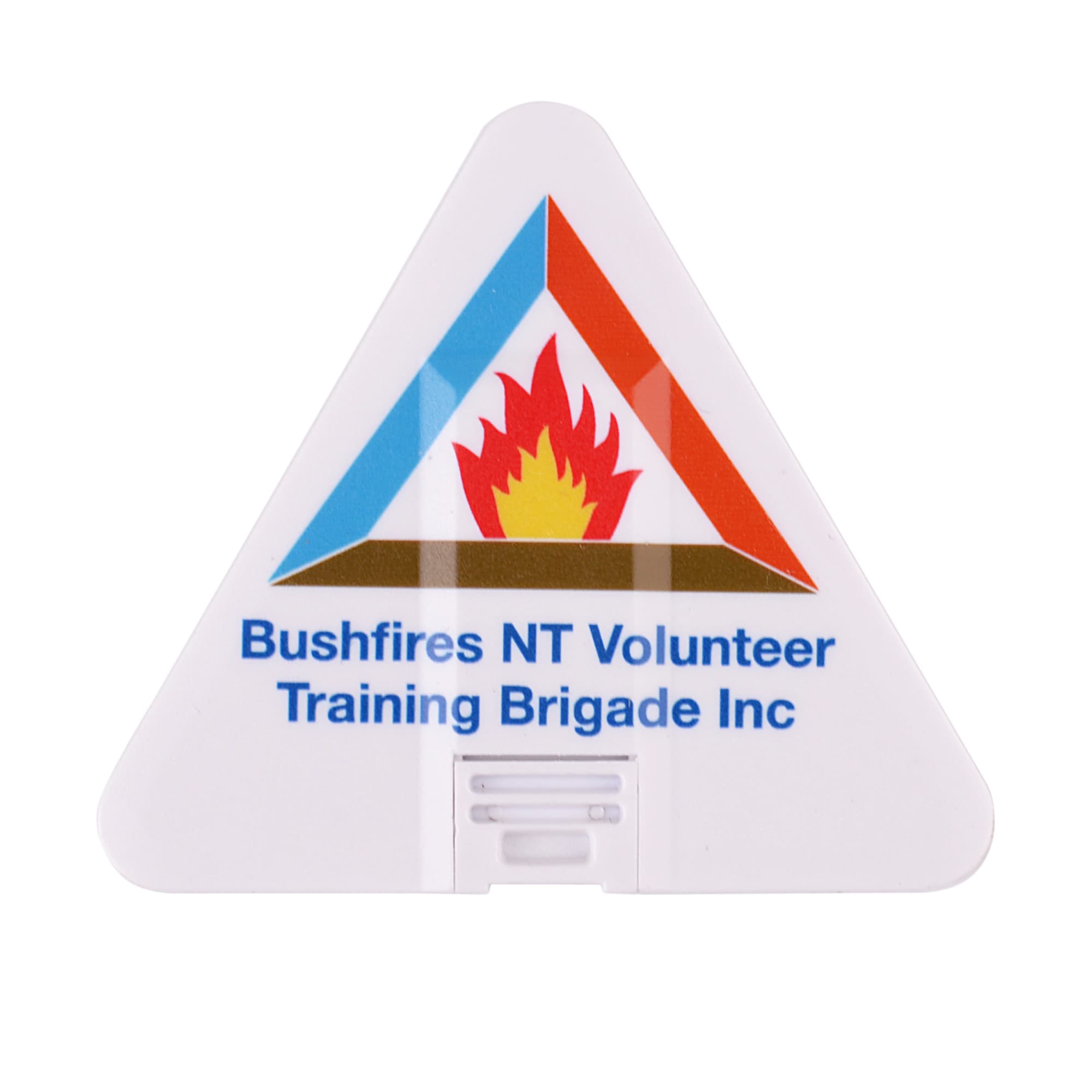 A triangular-shaped flash drive in white with a blue and red logo featuring a flame. Triangle Card Flash Drive - Image 1