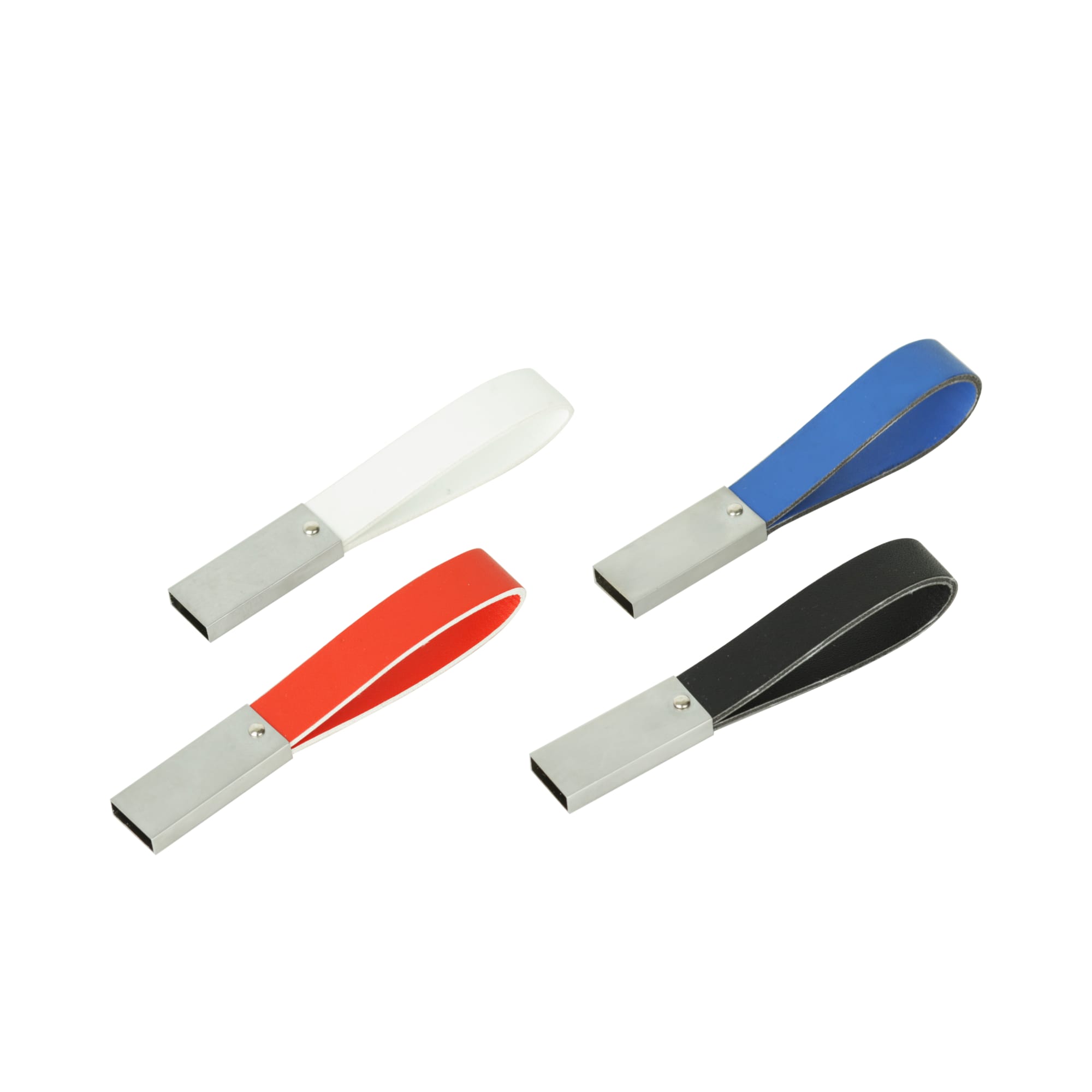 A set of four leather strap flash drives in white, red, blue, and black, each with a metal connector and logo. Leather Strap Flash Drive - Image 1