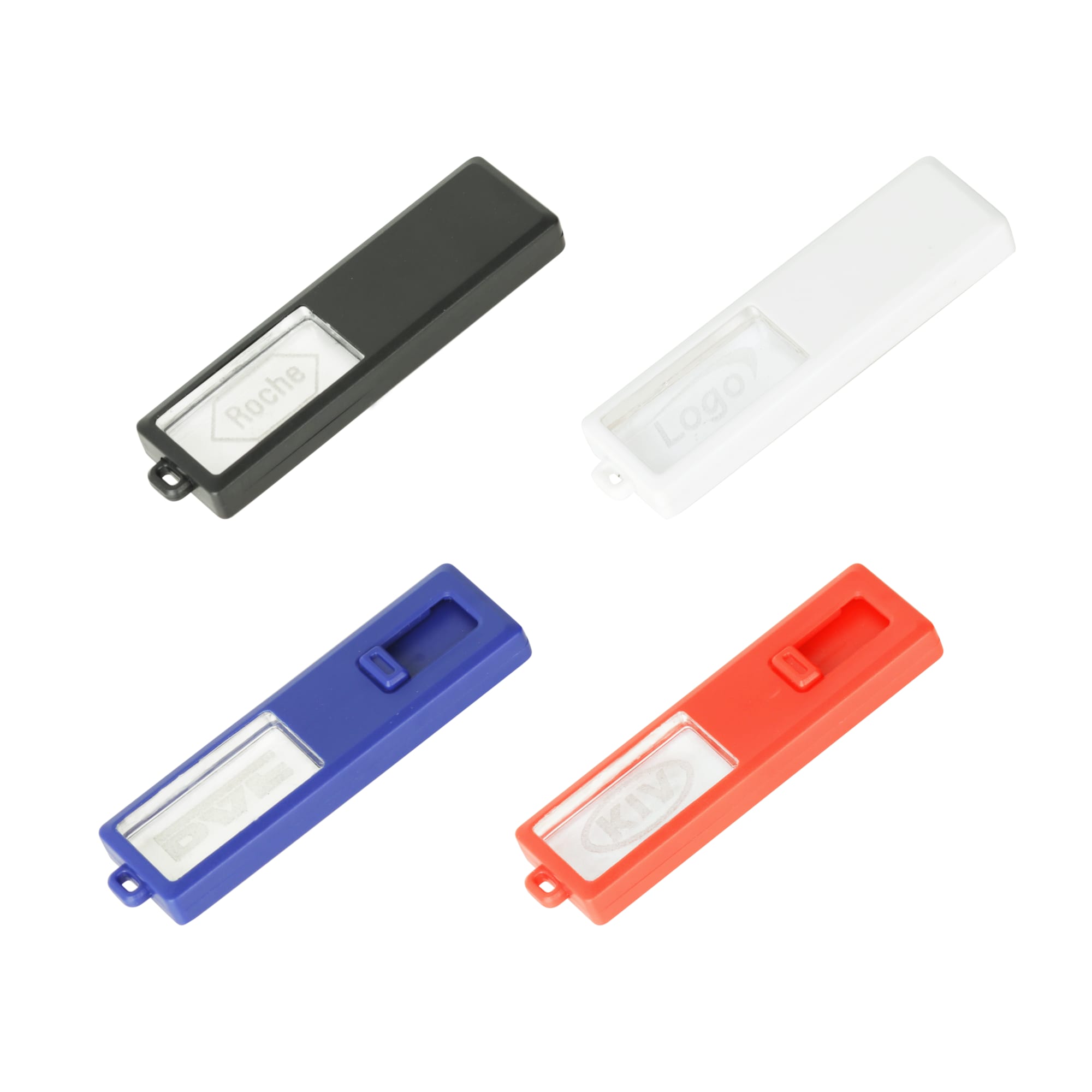 Four sliding acrylic flash drives in black, white, blue, and red, featuring windows for logos. Sliding Acrylic Flash Drive - Image 1