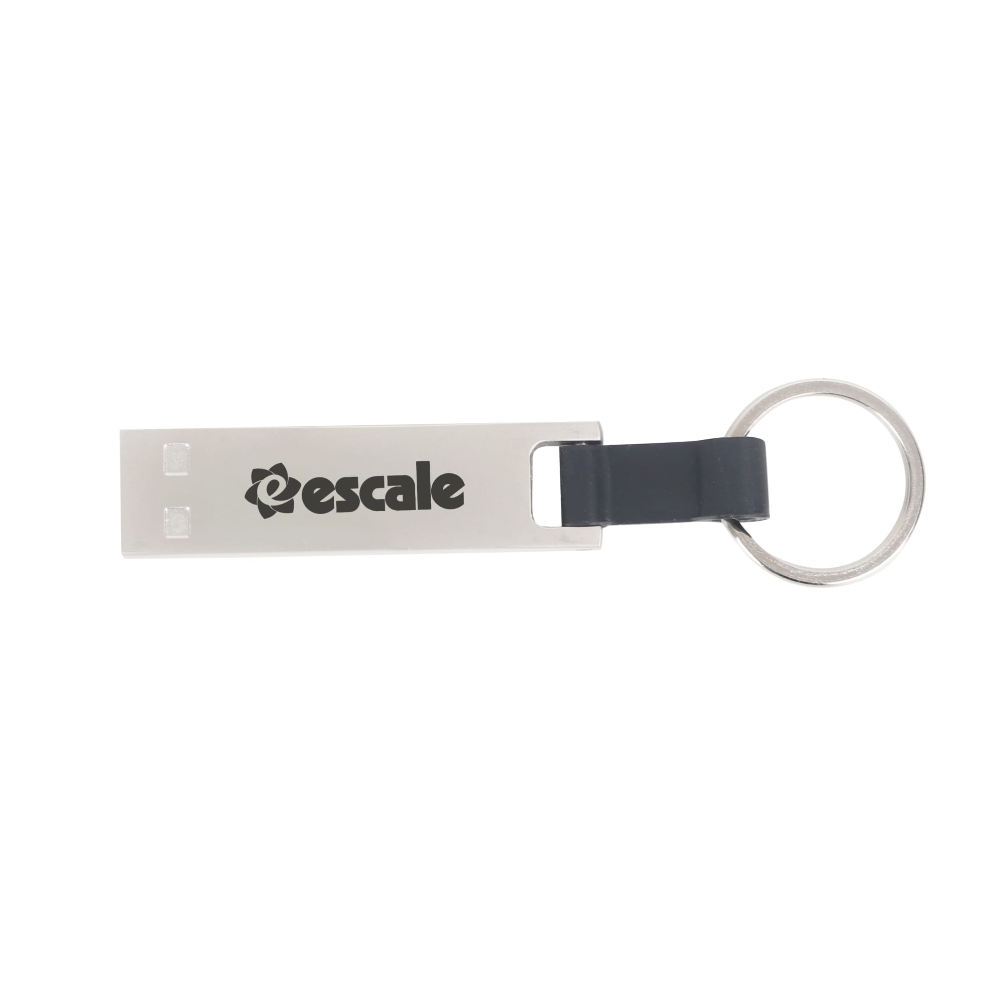 A silver mini flash drive keychain with a black rubber grip and a circular metal keyring. It features a logo. Mini Flash Drive Keychain - Image 1