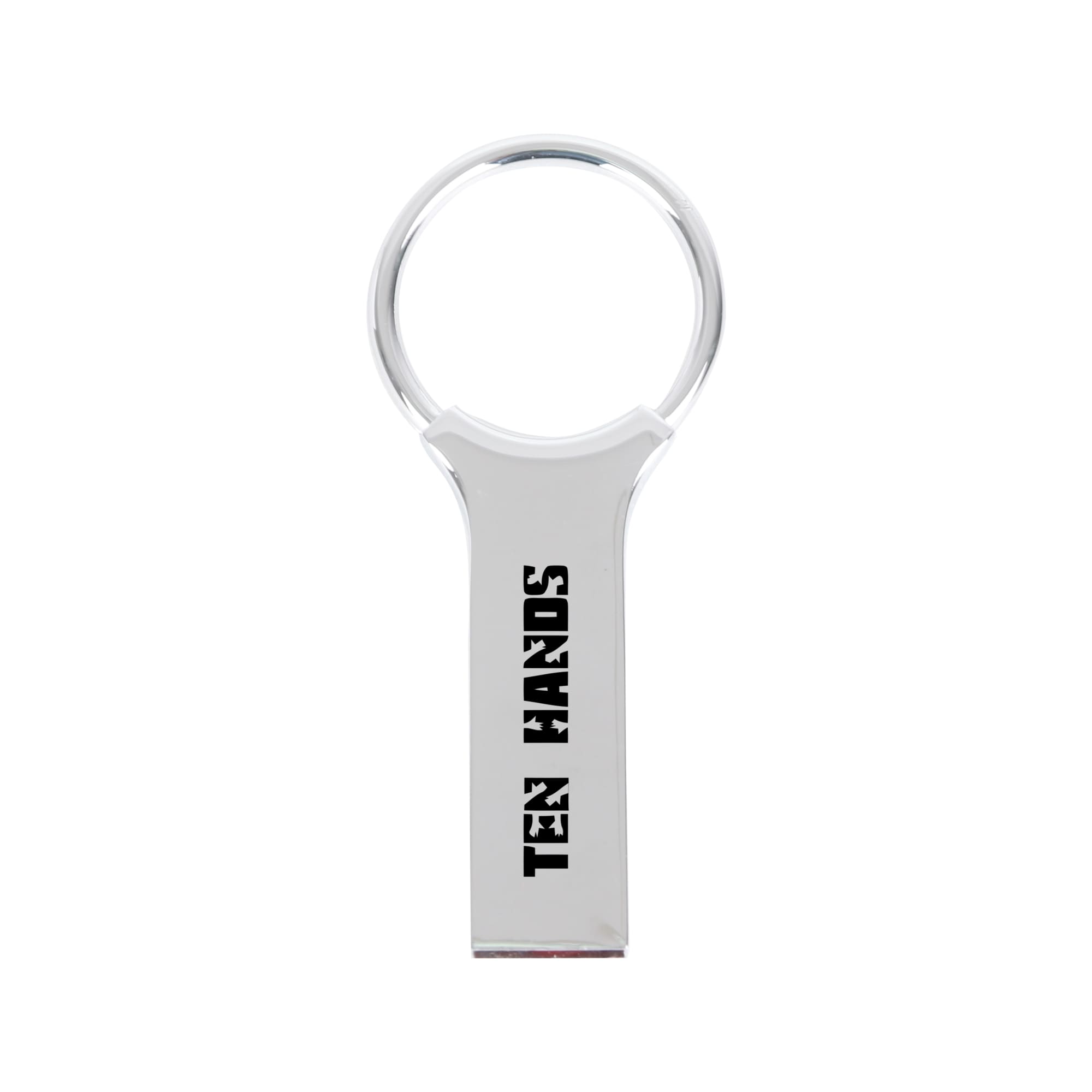 A silver keyring flash drive with a shiny finish and a keyring attachment. It features a logo on the body. Deluxe Mini Keyring Flash Drive - Image 1