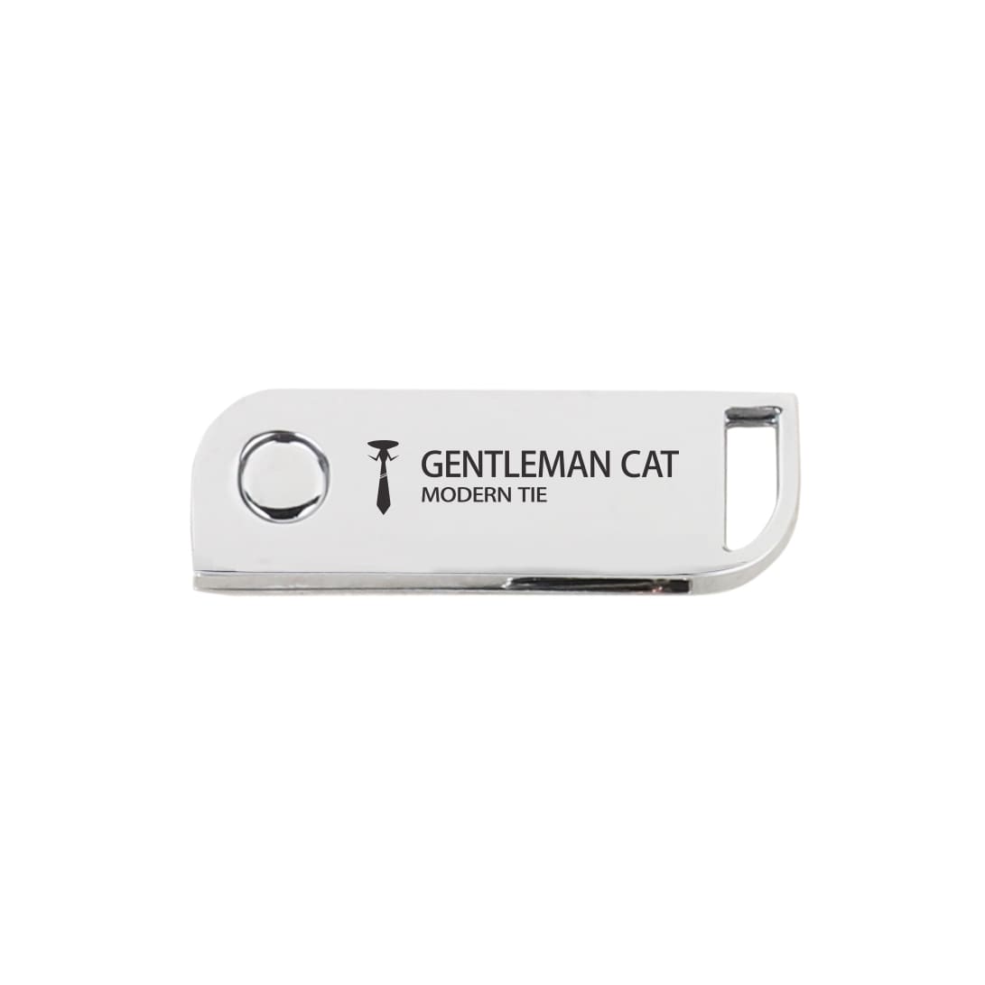 A silver metal swivel flash drive featuring a logo on one side. The design is sleek and modern. Metal Swivel Flash Drive - Image 1