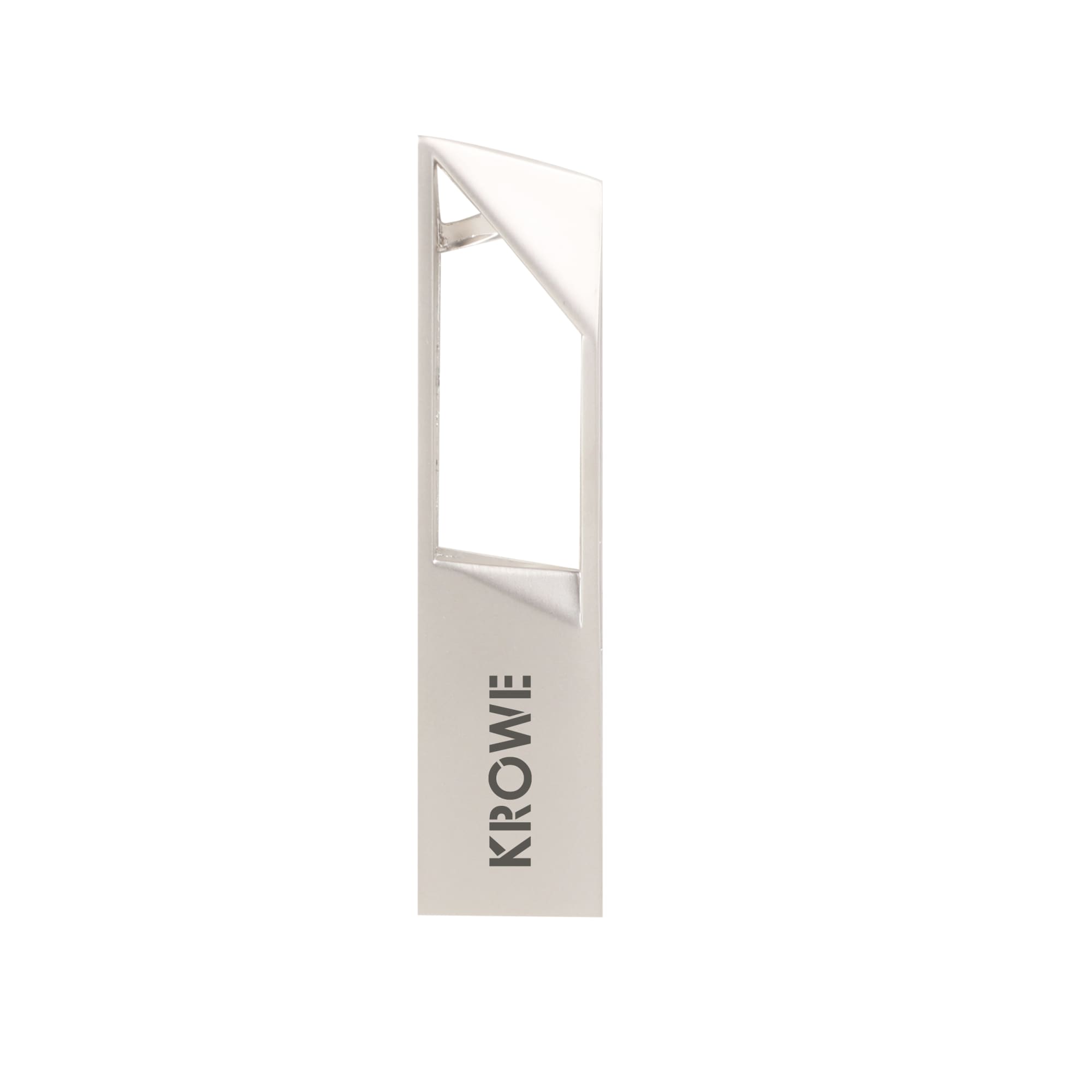 A portable metal flash drive in silver, featuring a sleek design and a logo on its side. Portable Metal Flash Drive - Image 1