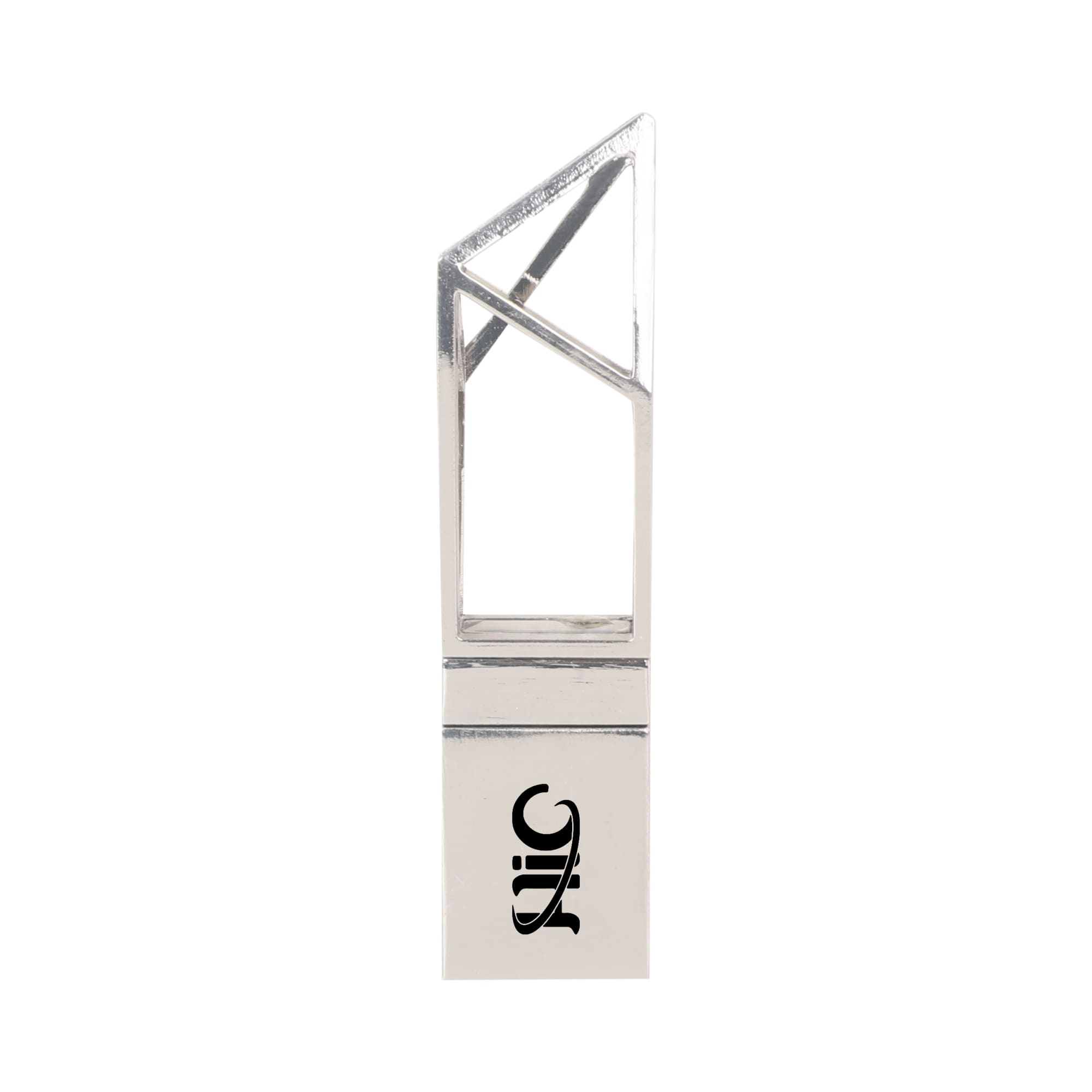 A silver flash drive with a unique triangular design and a logo on the base. Empty Structure Flash Drive - Image 1