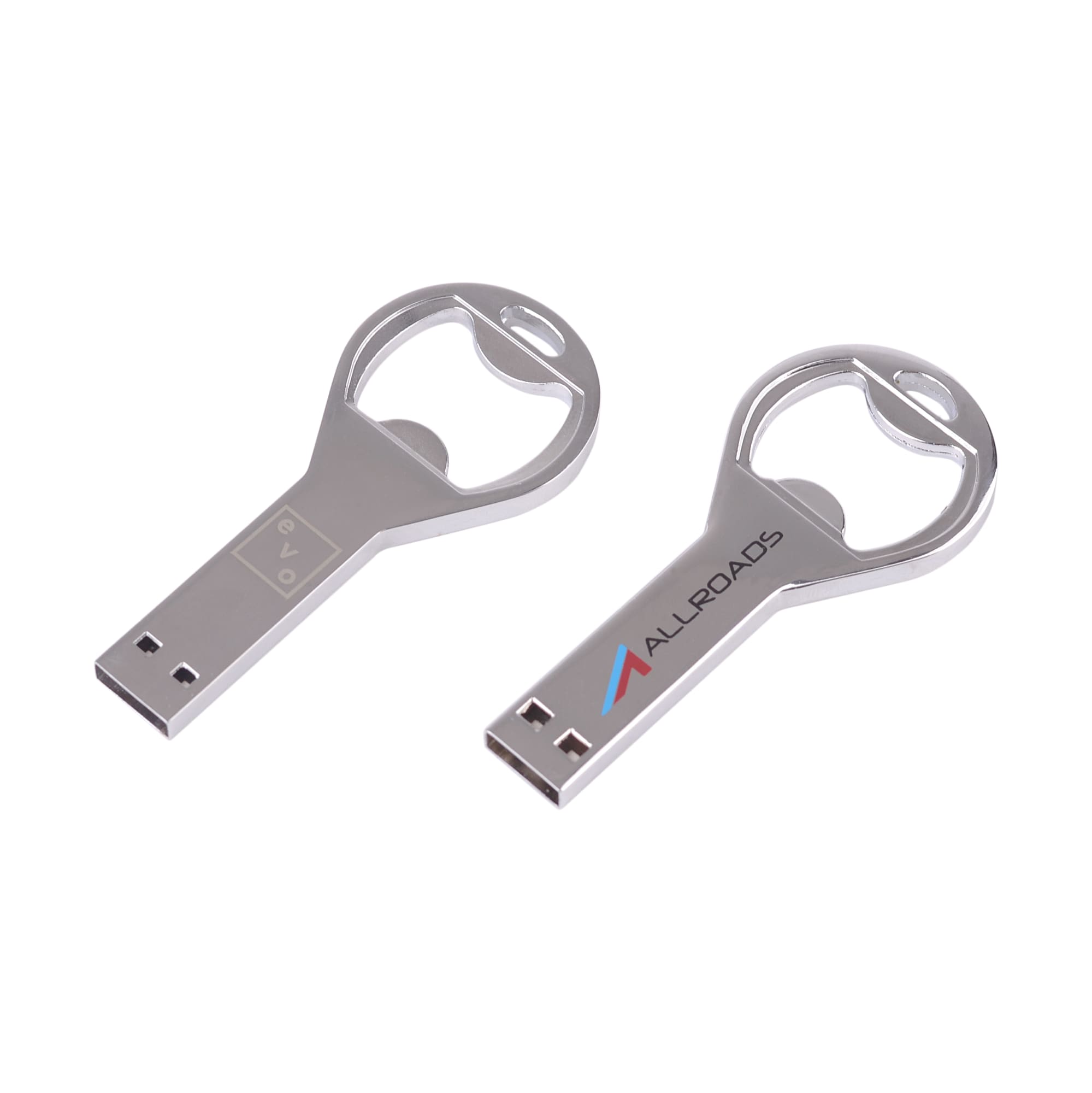 A drink bottle-shaped silver bottle opener and flash drive, featuring a logo on one side. Key Shape Bottle Opener Flash Drive - Image 1