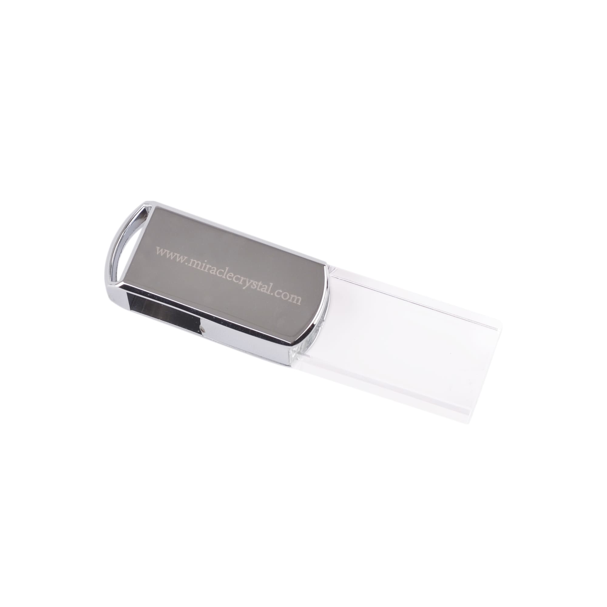 A sleek silver and clear swivel crystal flash drive with a branding logo and a transparent cover. Swivel Crystal Flash Drive - Image 1
