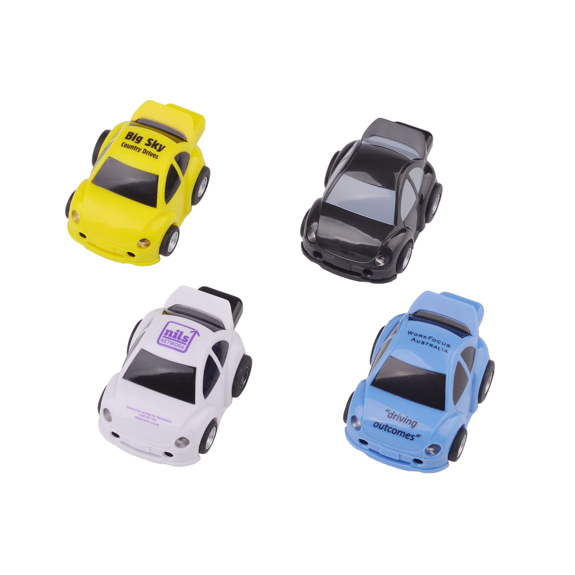 A set of four car-shaped flash drives in yellow, black, white, and blue, each featuring a logo on the top. Car Shaped Flash Drive - Image 1