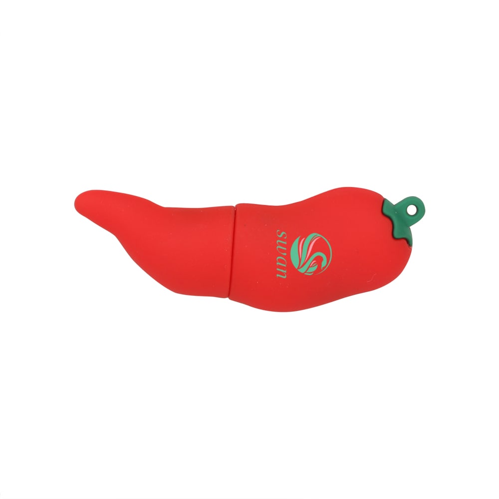 A red chilli-shaped flash drive with a green top and a logo. Chilli Flash Drive - Image 1
