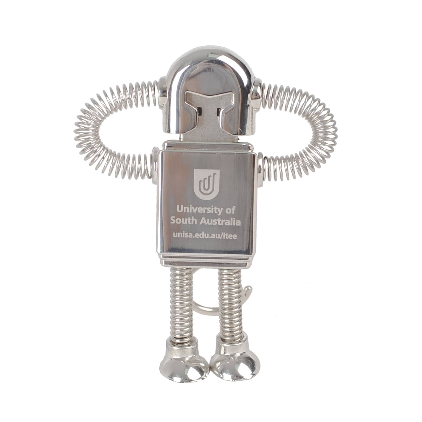 A metallic robot-shaped flash drive with spring-like arms and a logo on its body, featuring silver colour throughout. Robot Flash Drive - Image 1