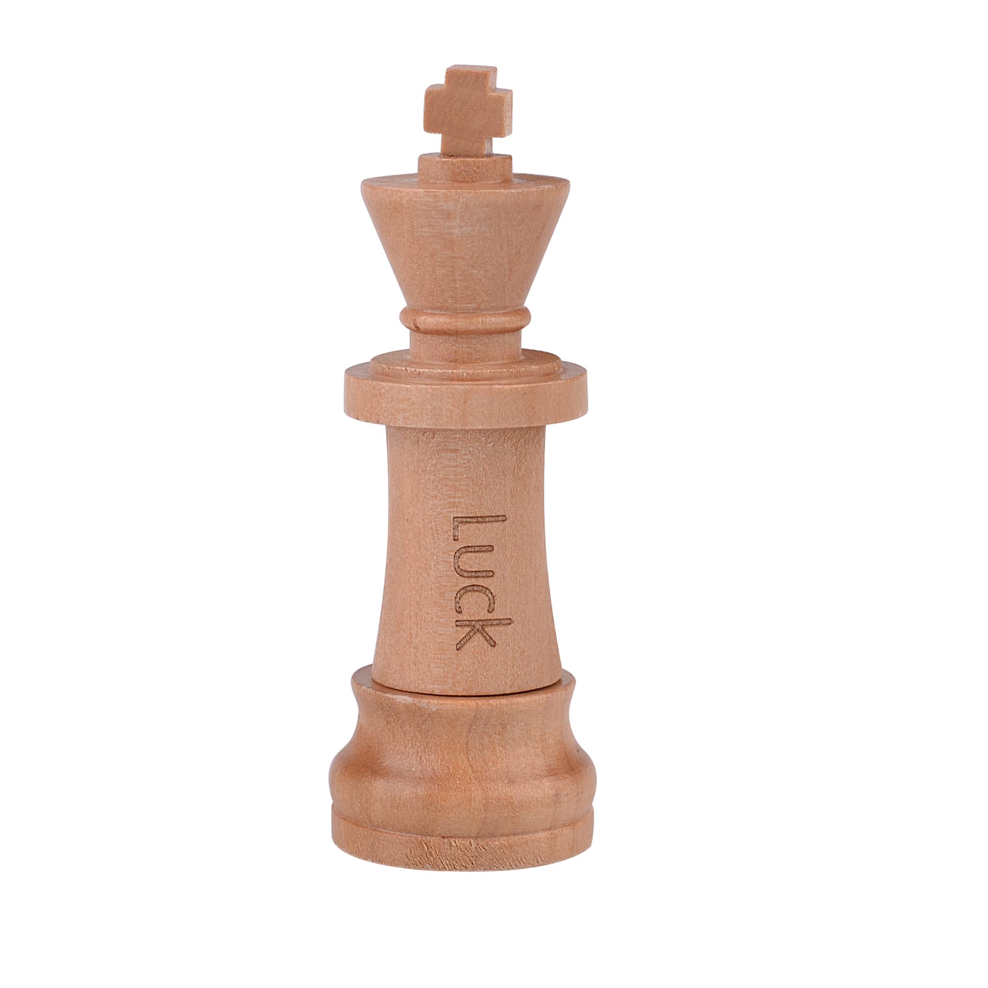 A wooden chess piece in the shape of a king, featuring a cross on top and engraved text, displayed against a white background. Chess Flash Drive - Image 1