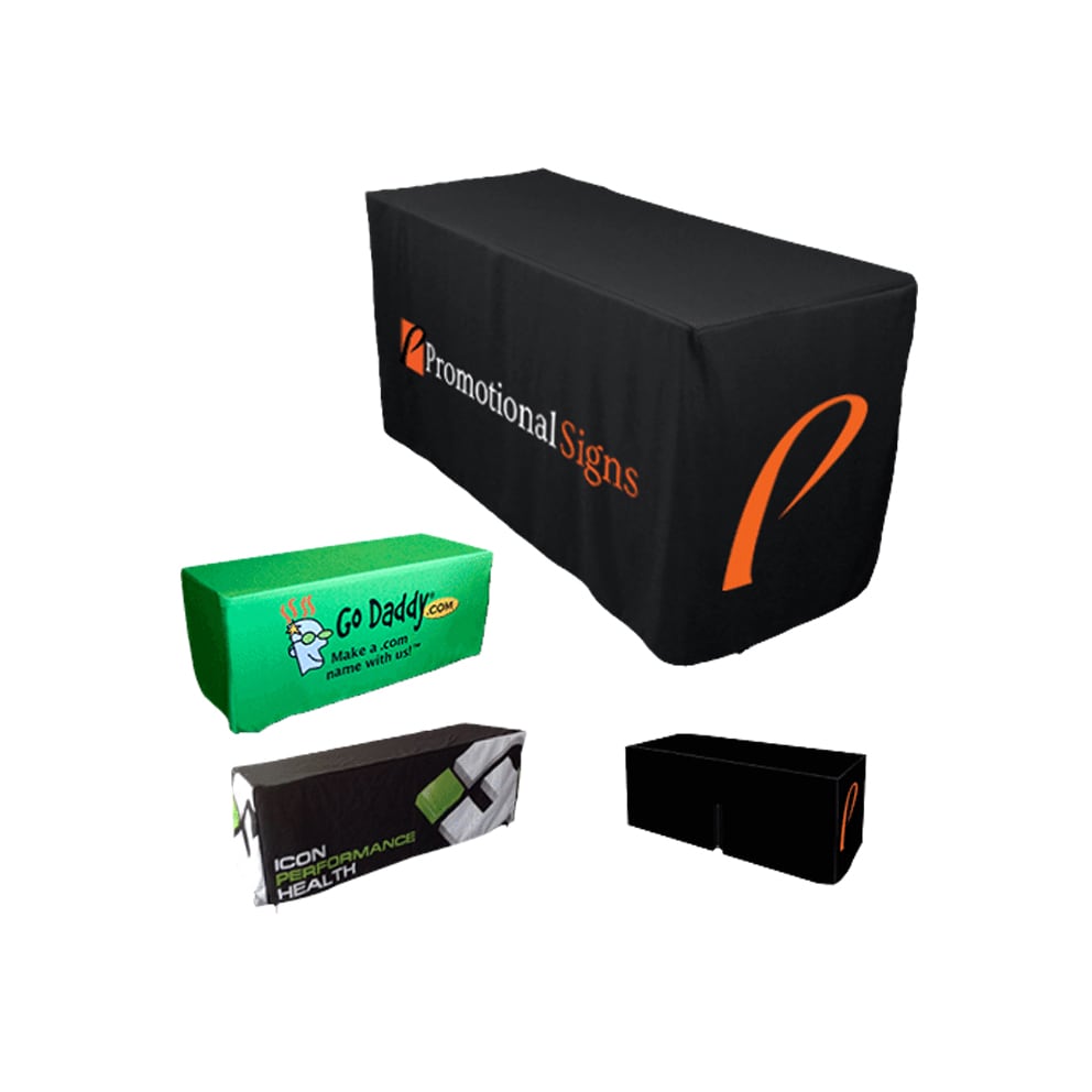 A fitted black tablecloth with a zipper back, accompanied by green and black table covers featuring logos. Fitted Table Cloth with Zipper Back * 4ft - Image 1