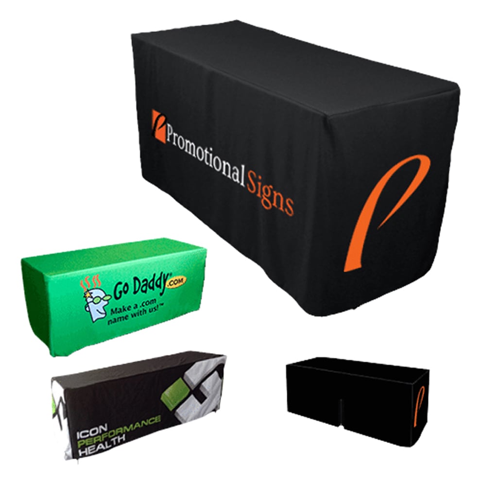 Fitted table cloths in black, green, and patterned designs, featuring various logos and branding. Fitted Table Cloth with Zipper Back * 8ft - Image 1