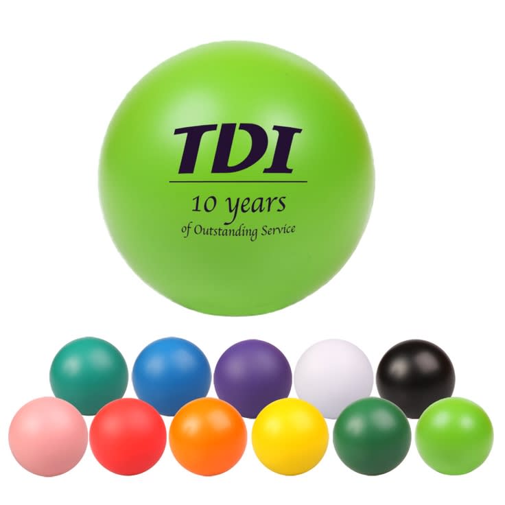 A collection of stress balls in various colours, including green, pink, purple, yellow, white, and black, with one featuring a logo. 60mm Dia Base Ball Shape Stress Reliever - Image 1