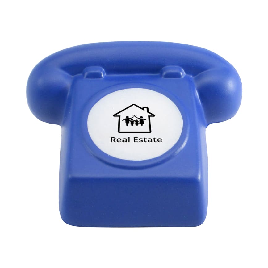 A blue phone-shaped stress reliever with a circular white center featuring a logo. Perfect for fun and games. Classic Phone Shape Stress Reliever - Image 1