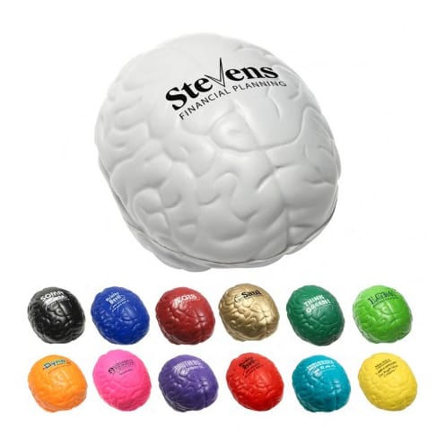 A white brain-shaped stress reliever is featured alongside various colourful brain-shaped stress relievers in multiple hues. Brain Shape Stress Reliever - Image 1