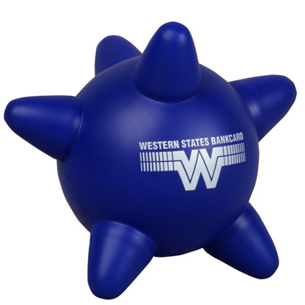 A blue stress ball shaped like a spiky star with a logo on the surface. Blood Platelet Shape Stress Reliever - Image 1
