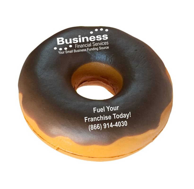 A donut-shaped stress reliever in brown and orange with a logo and contact information. Donut Shape Stress Reliever - Image 1