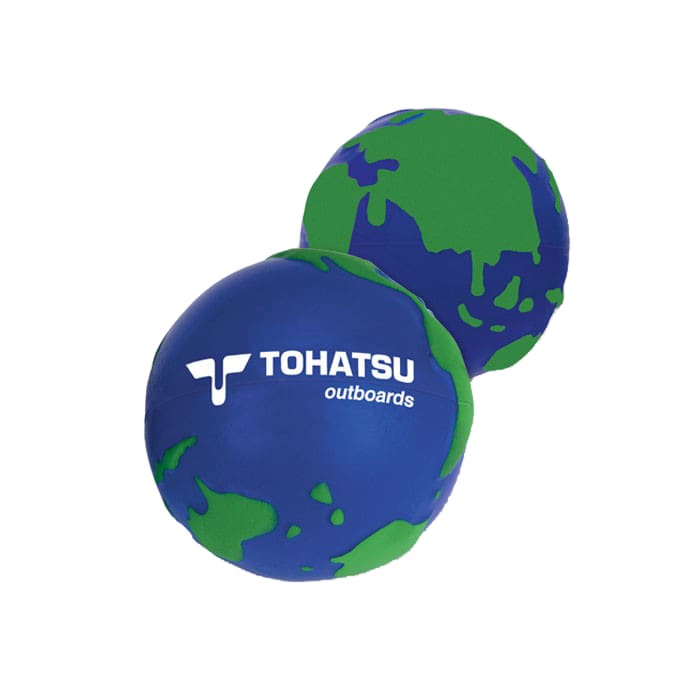 A stress ball shaped like Earth, featuring blue and green colours with a logo. Earth Shape Stress Reliever - Image 1
