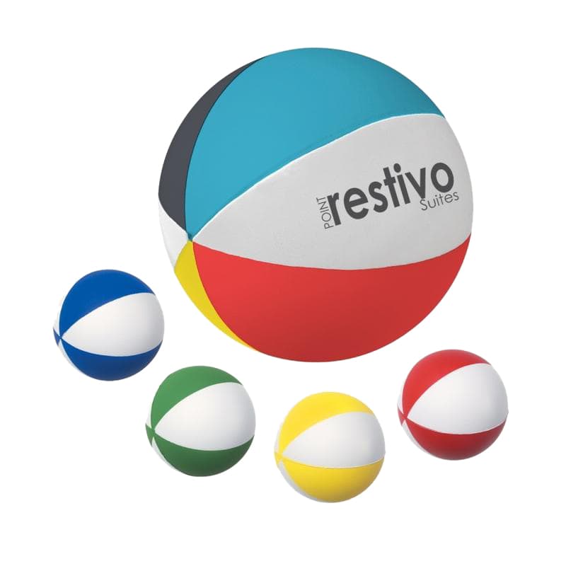 A set of five stress balls in beach ball shapes, featuring colours of blue, green, yellow, red, and white. Colorfull Beach Ball Shape Stress Reliever - Image 1