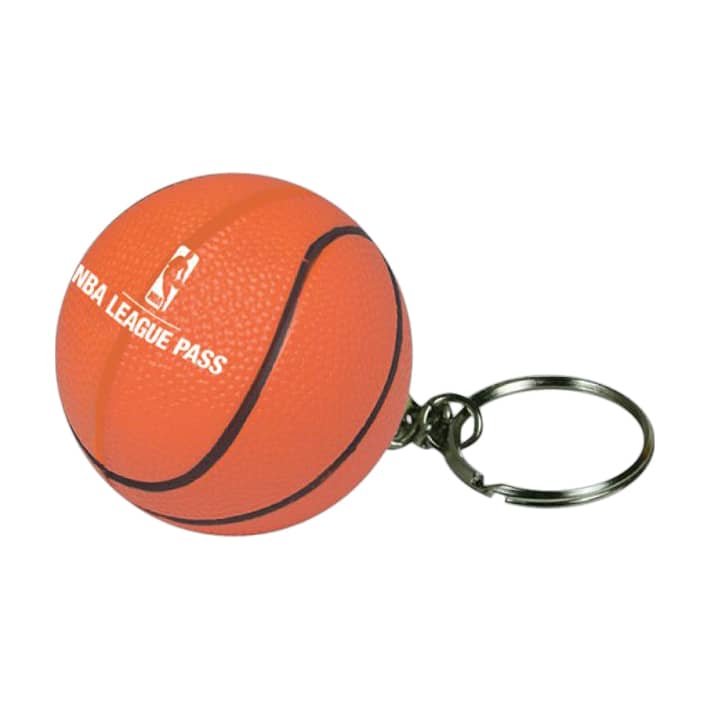 A keyring featuring an orange basketball stress item, with a logo on its surface and a metallic keyring attachment. Keyring with Basketball Stress Item - Image 1