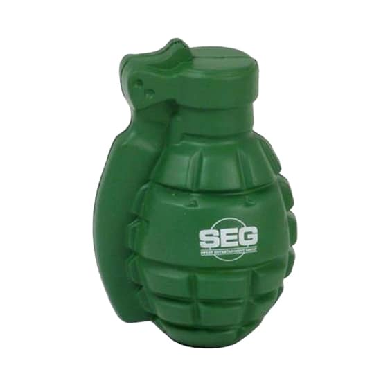 A green grenade-shaped stress reliever with a logo, designed for fun and stress relief. Grenade Shape Stress Reliever - Image 1