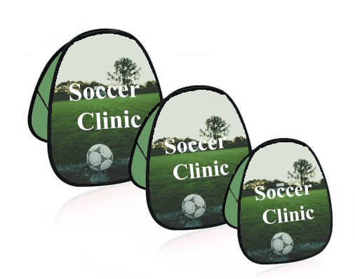 Three green pop-up banners featuring a soccer ball and a landscape design, each labelled "Soccer Clinic." Vertical Pop Up Banners 1050mm x 1250mm - Image 1