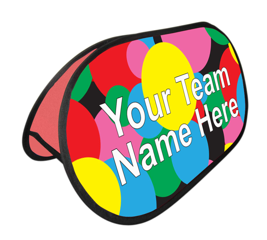 A colourful pop-up banner featuring large circles in pink, blue, yellow, and black. It includes space for team names. Horizontal Pop Up Banner 1300mm 660mm - Image 1