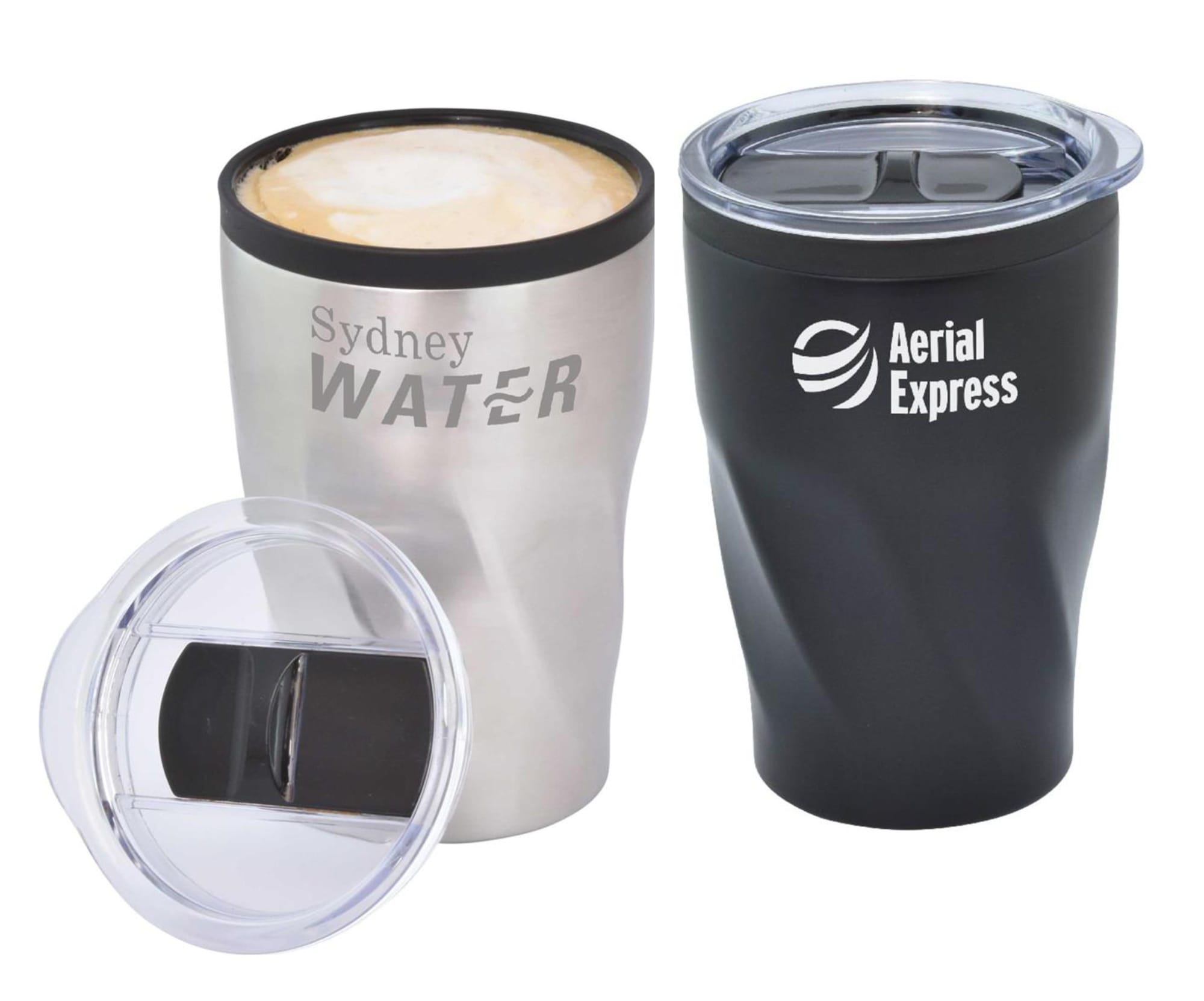 A double wall travel mug in silver and black, featuring a clear lid and branding on both sides. Cyclone Double Wall Mug - Image 1