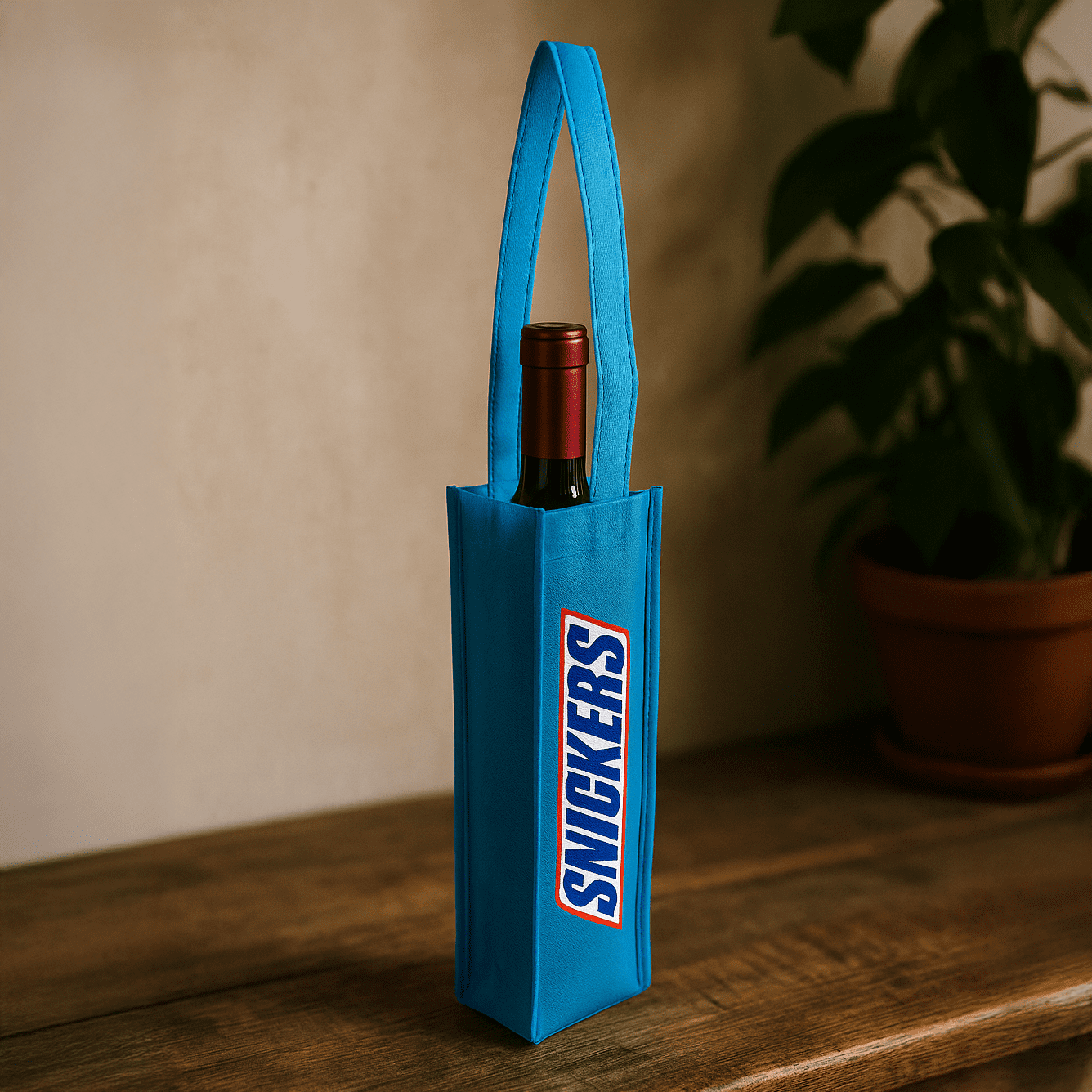 A blue non-woven single wine tote bag with a drink bottle inside and a logo on the side. Non-Woven Single Wine Tote Bag - Image 1