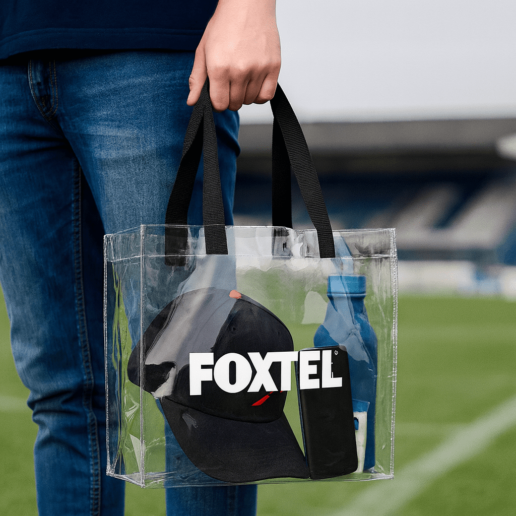 A clear stadium tote bag with black handles, a drink bottle, and a black cap inside. It features a logo. Stadium Tote Bag - Image 1