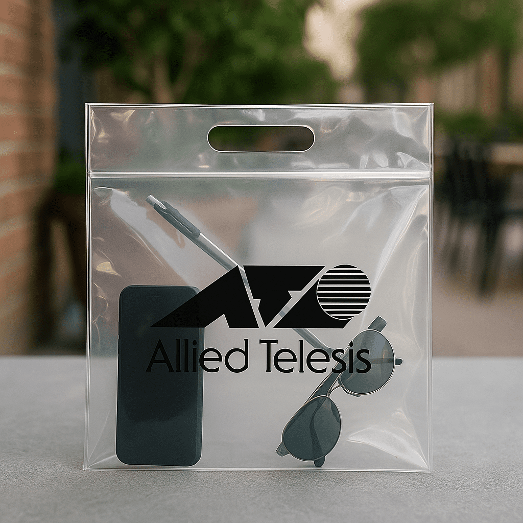 A clear tote bag containing a phone, sunglasses, and a pen, featuring a logo on the front. Clear Tote Bag - Image 1