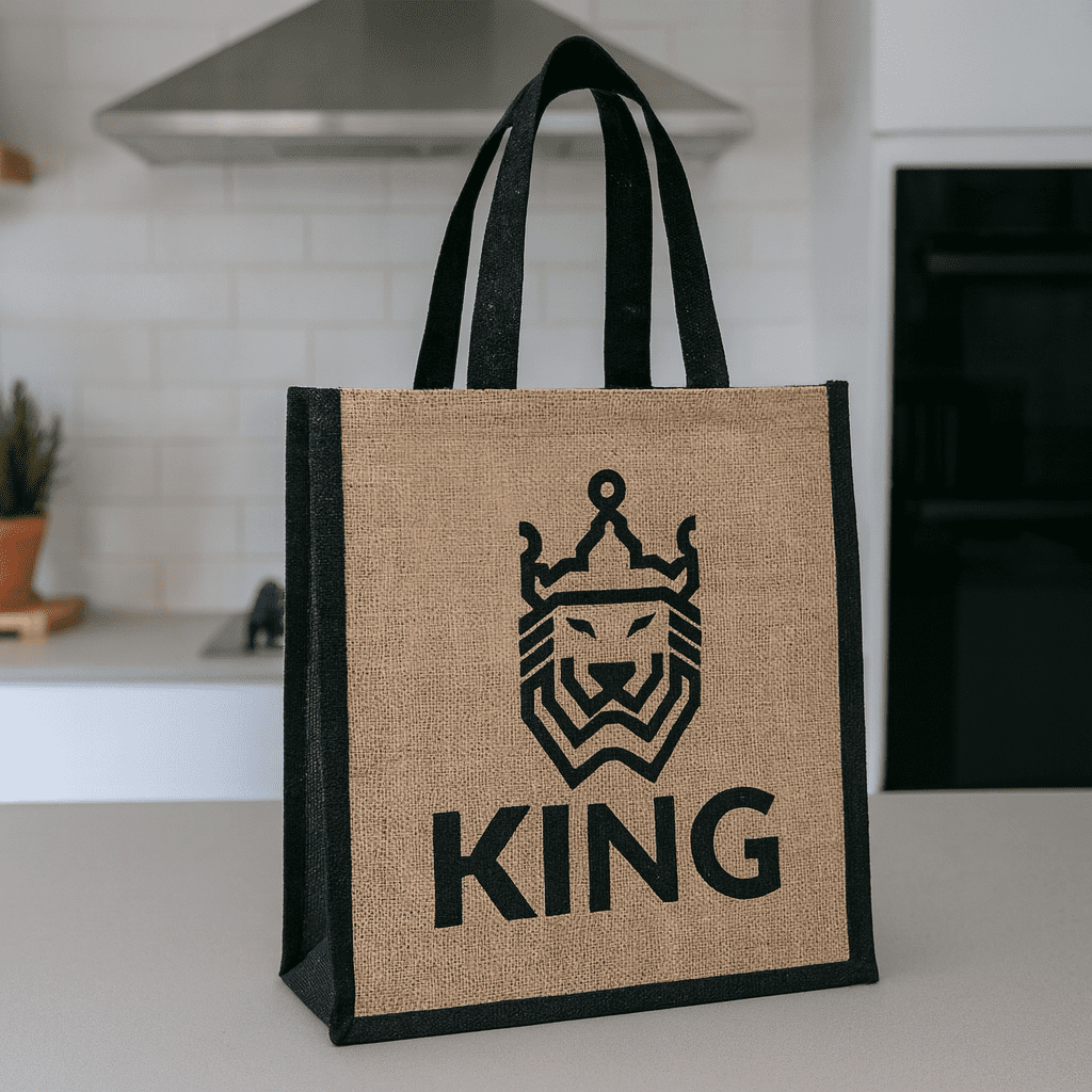 A jute tote bag in natural and black, featuring a lion design and the word "KING," with sturdy handles. Jagg Jute Tote Bag - Image 1