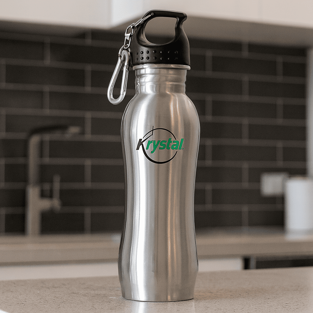 A drink bottle made of stainless steel with a black cap and a logo. It features a sleek, silver finish. La Jolla 700ml Water Bottle - Image 1