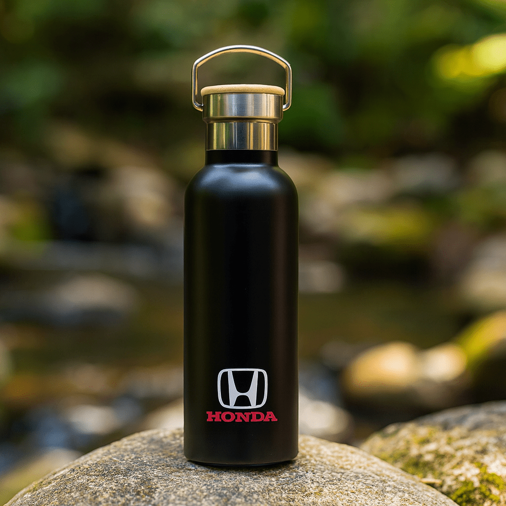 A drink bottle in matte black with a metal lid and a logo on the front, set against a natural background. Shadow 500ml Water Bottle - Image 1
