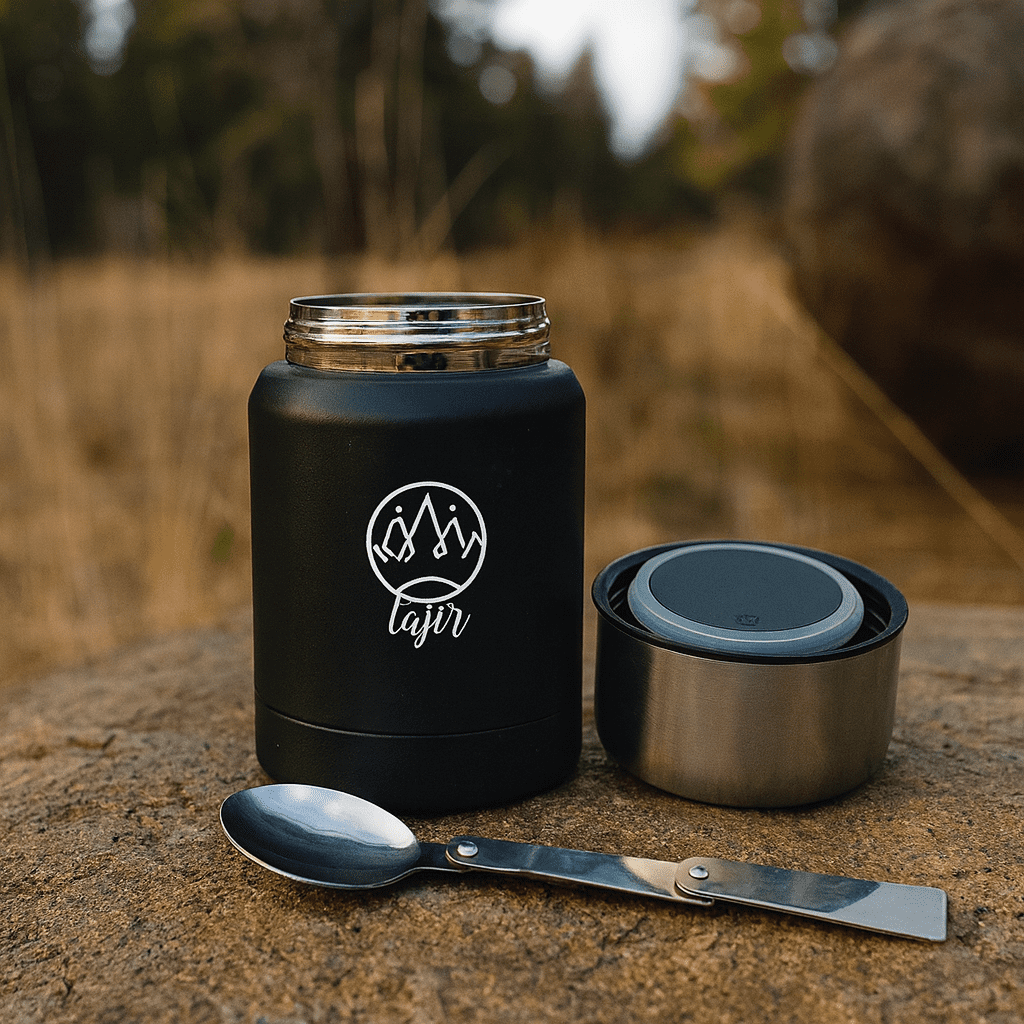 A drink bottle in matte black with a stainless steel lid and a spoon beside it, featuring a logo. Thermo 500ml Vacuum Flask - Image 1