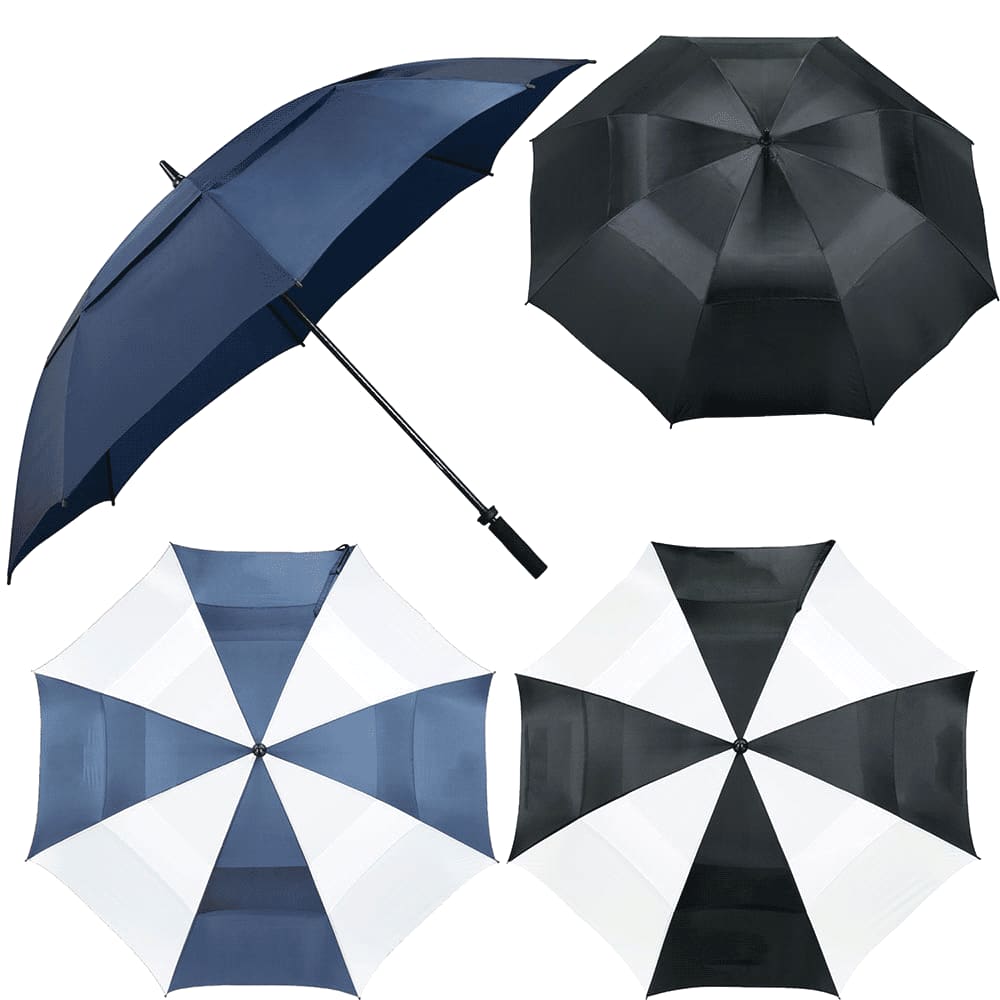 A collection of four golf umbrellas in navy blue, black, and a black-and-white design, featuring a logo on the handles. Course 62" Vented Golf Umbrella - Image 1