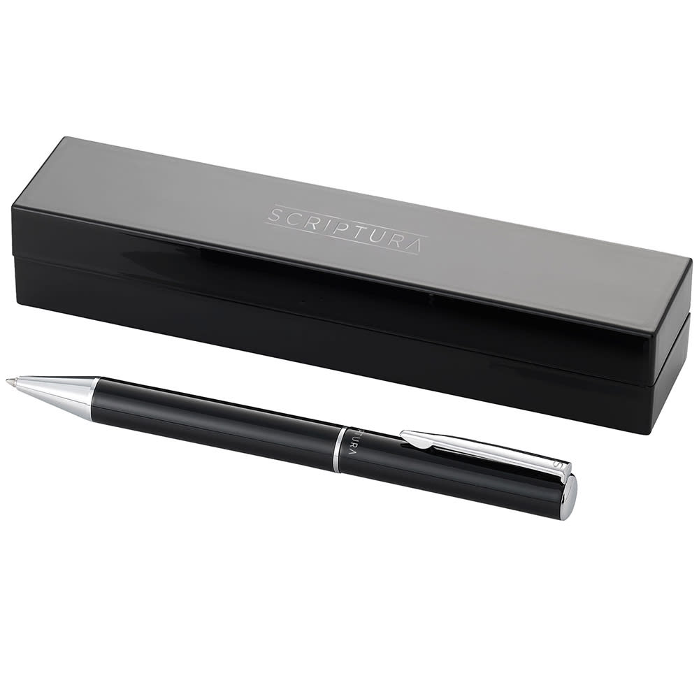 A black metal ballpoint pen with a silver clip, displayed beside its sleek black box. Scriptura Ballpoint Pen - Image 1