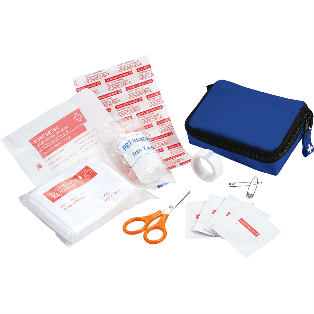 A blue first aid kit containing bandages, scissors, adhesive tape, and antiseptic wipes, along with safety pins. Bolt 20 Piece First Aid Kit - Image 1